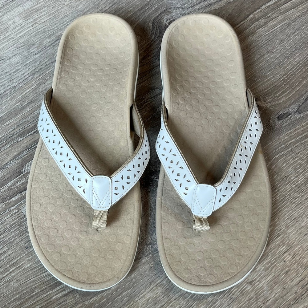 Vionic Tide Perf White Leather Perforated Orthopedic Flip Flop Sandals Womens 10